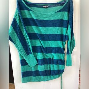 Express Women's Teal and Navy Wide-Striped Boatneck Sweater